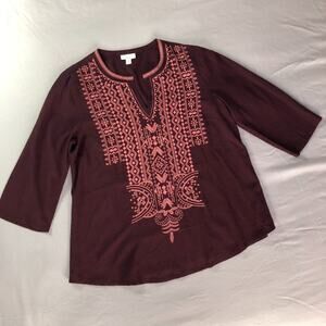 J Jill Women's Embroidered Top V-Neck Tunic 3/4 Sleeves Cotton Petite Small Boho